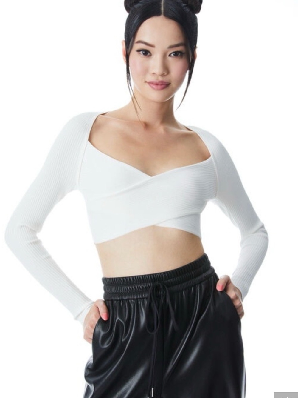 Alice + Olivia White Ribbed Wrap Long-Sleeve Cropped Top